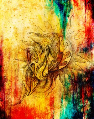 eski kağıt arka plan bilgisayar kolaj çizim süs ejderha ve güneş. ve renk yapısı.