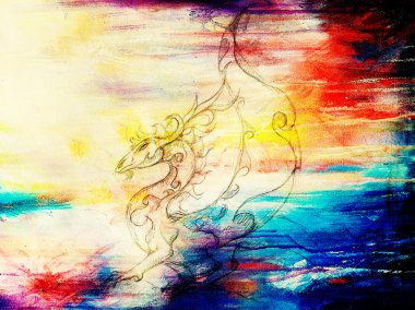 süs ejderha eski kağıt arka plan bilgisayar kolaj üzerinde çizim. ve renk yapısı.