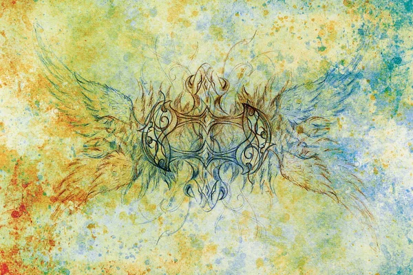 Teckning av prydnadsväxter dragon på gamla papper bakgrund dator kollage. och färg struktur. — Stockfoto