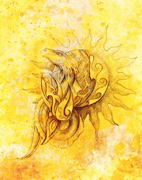Zeichnung von ornamentalem Drachen und Sonne auf altem Papierhintergrund Computercollage. und Farbstruktur. — Stockfoto