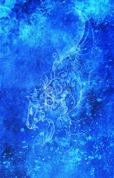 Ritning av prydnadsväxter dragon. dator collage och blå färg struktur. Vinter effekt. — Stockfoto