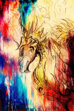 süs ejderha eski kağıt arka plan bilgisayar kolaj üzerinde çizim. ve renk yapısı.