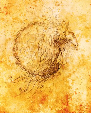 Eski kağıt arkaplan ve sepya renk yapısı üzerine süs hayvanı çizimi.