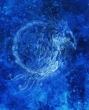 Süs ejderha çizim. bilgisayar kolaj ve mavi renk yapısı. Kış etkisi.