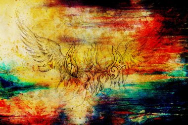 süs phoenix eski kağıt arka plan bilgisayar kolaj üzerinde çizim. ve renk yapısı.