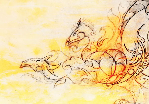 Drawing of ornamental dragon on old paper background  and sepia color structure. — Stock Photo, Image