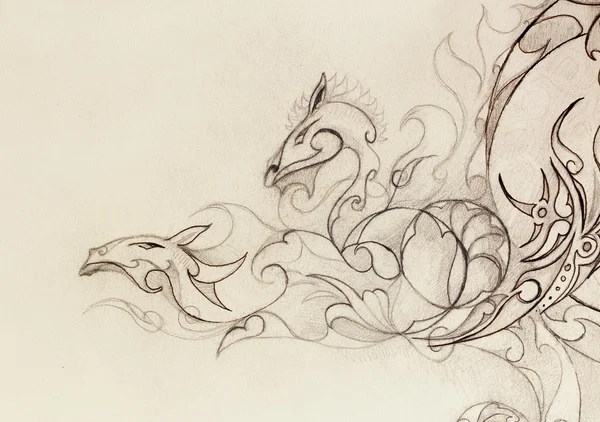 Ritning av prydnadsväxter dragon på gamla papper bakgrund. — Stockfoto
