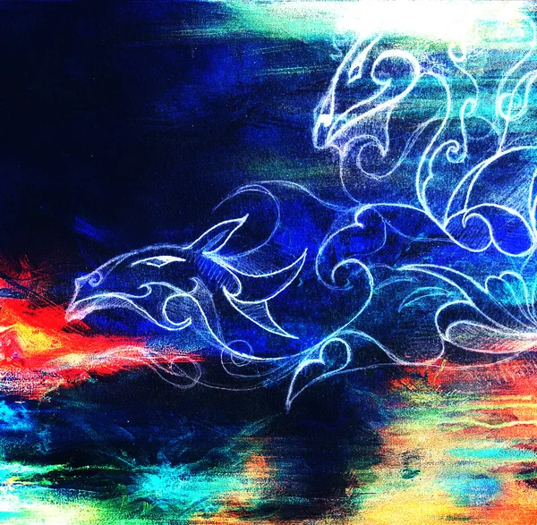 Disegno di drago ornamentale su vecchio collage di computer di sfondo di carta. e struttura dei colori . — Foto Stock