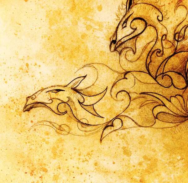 Dibujo de dragón ornamental sobre fondo de papel viejo y estructura de color sepia . —  Fotos de Stock
