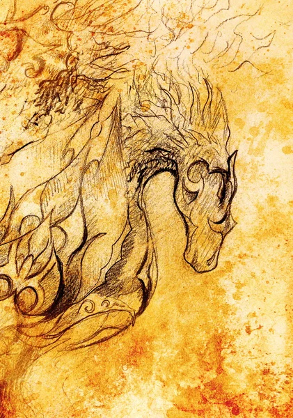 Drawing of ornamental animal on old paper background  and sepia color structure. — Stock Photo, Image