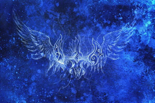 Drawing of ornamental phoenix. computer collage and blue color structure. Winter effect. — Stock Photo, Image