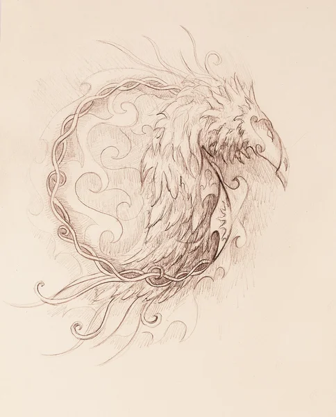 Zeichnung von ornamentalem Phönix auf altem Papiergrund. — Stockfoto