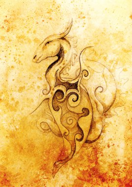 eski kağıt arka plan bilgisayar kolaj çizim süs ejderha ve güneş. ve renk yapısı.