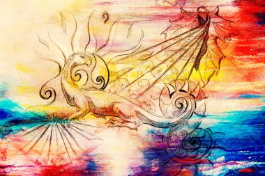 arka plan, bilgisayar kolaj süs ejderha ve güneş şarap yaprak ile eski kağıt üzerine çizim ve renk yapısı.