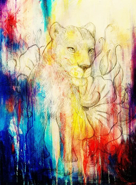 Lionne avec fleur, dessin au crayon sur papier. Effet de couleur et collage informatique . — Photo