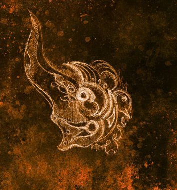 Kuş ve süsleme, özgün çizim, eskiz kağıt kalem. Renk efekti.