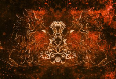 Gül ile aslan ve kurdele ile süsleme, orijinal el çizimi, eskiz kağıt kalem. Renk efekti.