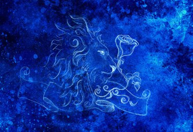 Gül ile aslan ve kurdele ile süsleme, orijinal el çizimi, eskiz kağıt kalem. Renk efekti.