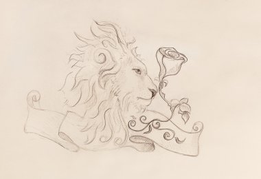 Gül ile aslan ve kurdele ile süsleme, özgün çizim, eskiz kağıt kalem.