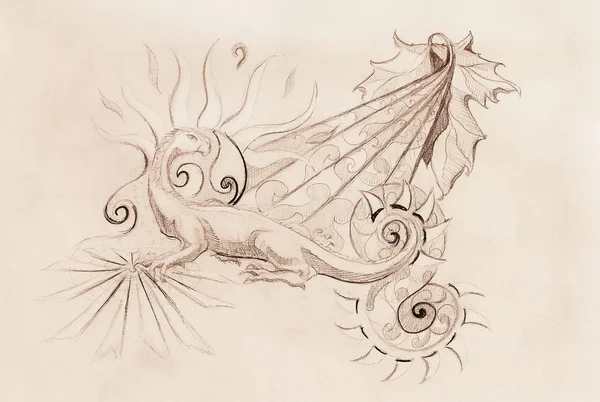 drawing of ornamental dragon and sun with wine leaf on old paper background.