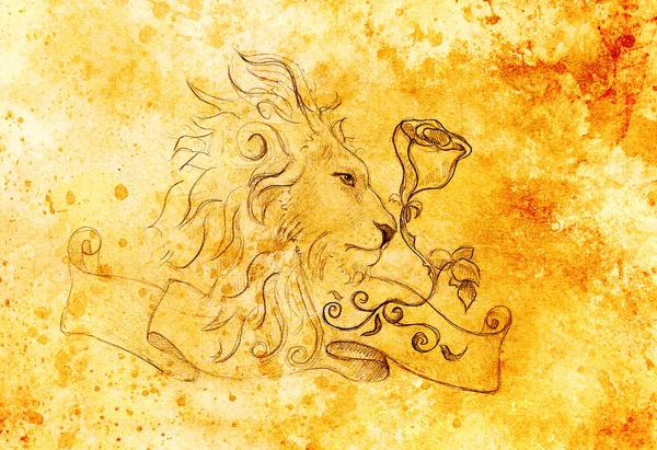 Lew z różą i wstążki z ornamentem, oryginalny rysunek, ołówek szkic na papierze. Efekt kolorystyczny. — Zdjęcie stockowe