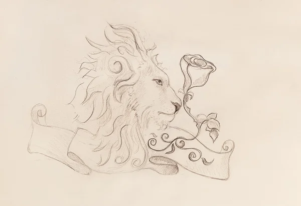 Lion avec rose et ruban avec ornement, dessin original, croquis au crayon sur papier . — Photo