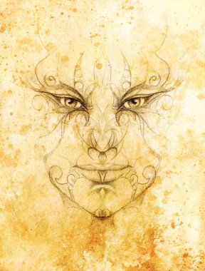 çiçek süsü ile mistik adam yüz. Kağıt üzerine çizim, Renk efekti. Göz teması.