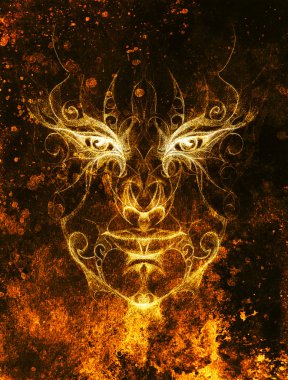 çiçek süslemesi ile mistik yüz. Kağıt üzerine çizim, Renk efekti. Göz teması. Bilgisayar kolajı. Turuncu, kahverengi ve sarı renk.