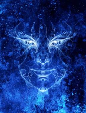 gizemli adam yüz çiçek süsleme ile. Kağıt üzerinde renk efekti çizim. Göz teması. Bilgisayar kolaj.