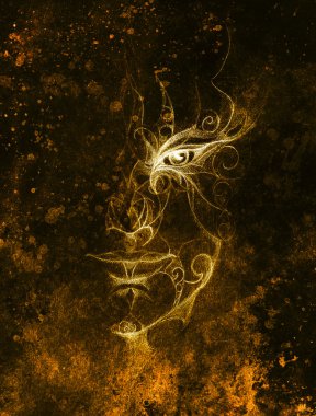 gizemli adam yüz çiçek süsleme ile. Kağıt üzerinde renk efekti çizim. Göz teması. Bilgisayar kolaj.