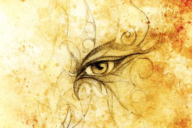 çiçek süsü ile mistik göz. Kağıt üzerine çizim, Renk efekti. Göz teması. Bilgisayar kolajı.