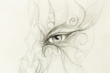 çiçek süsü ile mistik göz. Kağıt üzerine çizim, Renk efekti. Göz teması. Bilgisayar kolajı.