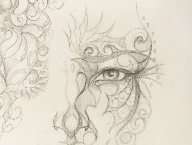 çiçek süslemesi ile mistik yüz. Kağıt üzerine çizim, Renk efekti. Göz teması. Bilgisayar kolajı.