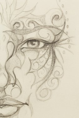 çiçek süslemesi ile mistik yüz. Kağıt üzerinde çizim, Göz teması. Bilgisayar kolajı.