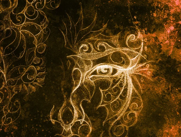 Mystisches Männergesicht mit Blumenschmuck. Zeichnung auf Papier, Farbeffekt. Blickkontakt. Computercollage. — Stockfoto