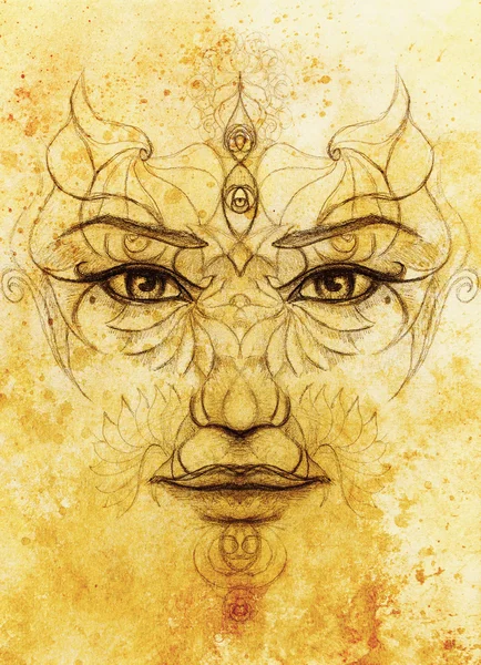 Mystic woman face with floral ornament. Drawing on paper, Color effect. Eye contact. — Stock Photo, Image