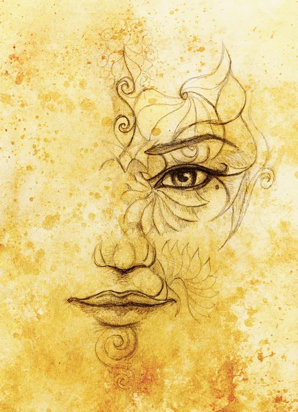 Mystic woman face with floral ornament. Drawing on paper, Color effect. Eye contact. — Stock Photo, Image