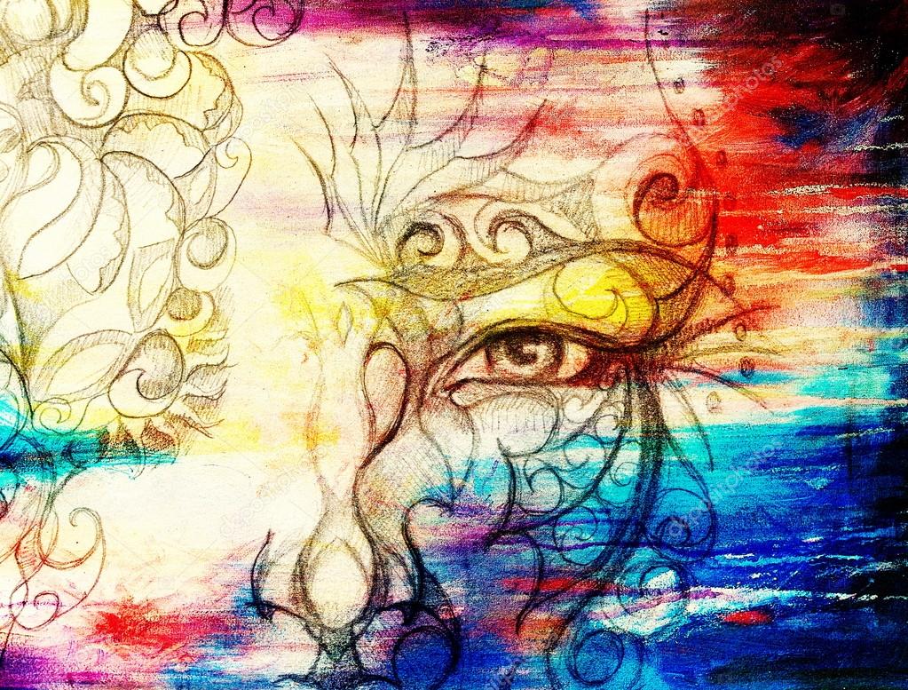 Mystic man face with floral ornament. Drawing on paper, Color effect. Eye contact. Computer collage