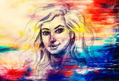 kadın kalem çizim, göz teması. Renk efekti ve bilgisayar kolaj.