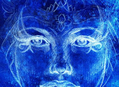 mistik kadın süs, göz teması ile çizim. Renk efekti ve Bilgisayar kolajı.