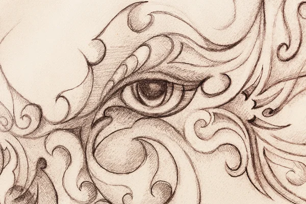 Mystic woman oko ornamentem roślinnym. Rysunek na papierze, efekt koloru. Kontakt z oczami. — Zdjęcie stockowe