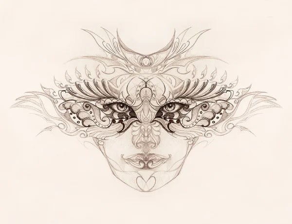 Cara mulher mística com ornamento floral. Desenho sobre papel, contacto visual . — Fotografia de Stock