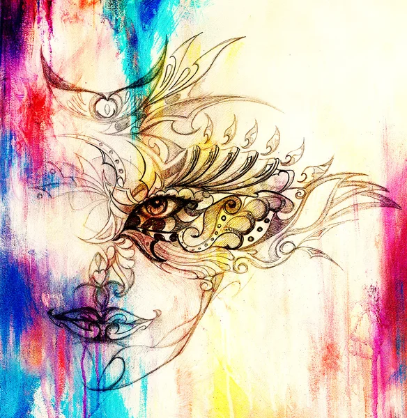Cara mulher mística com ornamento floral. Desenho sobre papel, efeito de cor. Contacto visual. Colagem de computador . — Fotografia de Stock