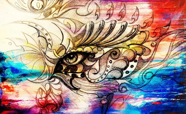 Γυναίκα μυστικιστικό μάτι με floral στολίδι. Σχέδιο σε χαρτί, χρώμα αποτέλεσμα. Οπτική επαφή. — Φωτογραφία Αρχείου