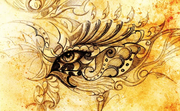 Mystic woman oko ornamentem roślinnym. Rysunek na papierze, efekt koloru. Kontakt z oczami. — Zdjęcie stockowe