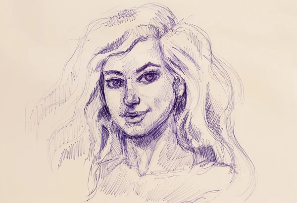 Stylo femme dessin sur vieux papier, contact visuel . — Photo