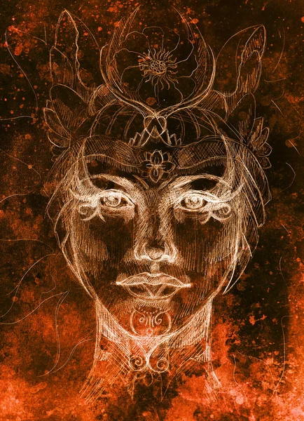 Mystic vrouw gezicht met florale sieraad. Tekenen op papier, kleureffect. Contact met de ogen. — Stockfoto
