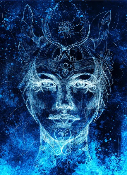 Мистическое женское лицо с цветочным орнаментом. Рисунок на бумаге, эффект цвета. Смотреть в глаза. Коллаж компьютера . — стоковое фото