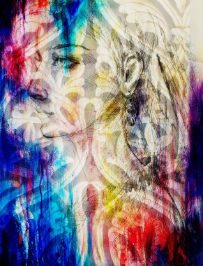 kağıt üzerine çizim kalem, hint kadın ve saç tüyleri. Renk efekti ve süsler.