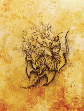 ornamental filigran drawing on paper with flower and flame structure pattern, Color effect and Computer collage.